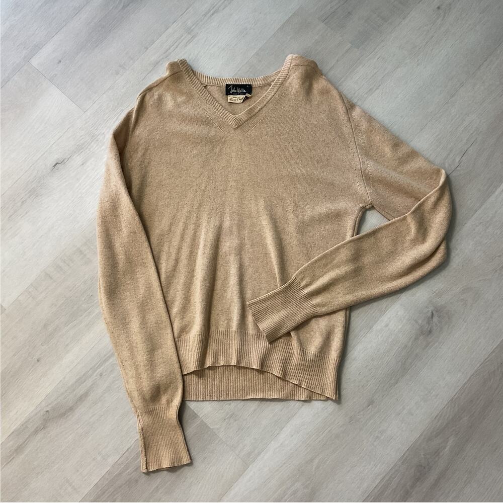 John Weitz 100% Pure Cashmere Tan V Neck Sweater Womens Lg